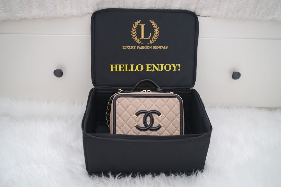 Chanel Vanity Case Beige & Black - Designer Bag Hire